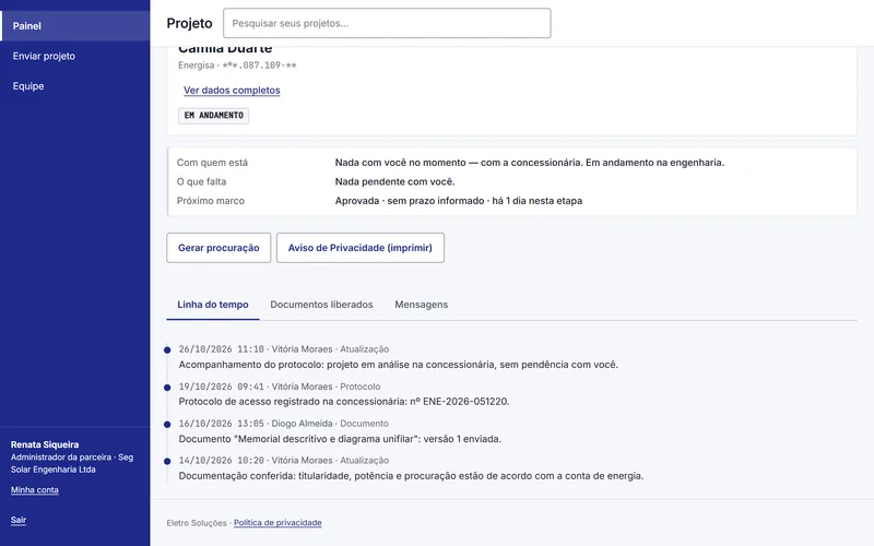 Linha do tempo de um projeto no portal, com quatro atualizações publicadas: conferência, documento, protocolo e acompanhamento